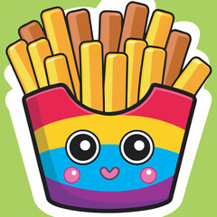 Cartoon french fries with rainbow design and a cute face on green background