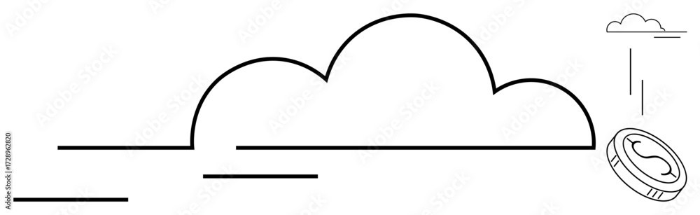 Poster large cloud outline with horizontal lines for motion and a dollar coin rising in the air. ideal for 