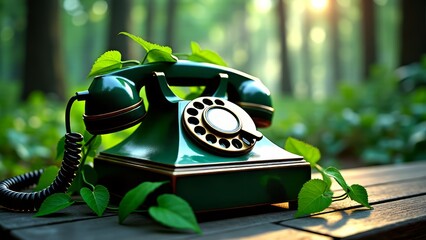 Vintage green telephone overgrown with vines in forest