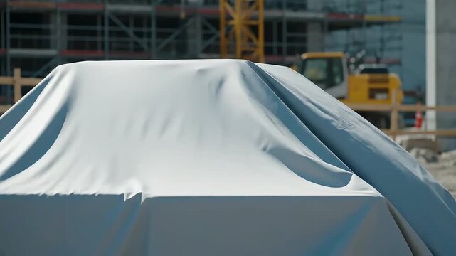 Mysterious New Vehicle Covered with a Protective Tarp on a Modern Construction Site Awaiting its Grand Unveiling or Project Launch Symbolizing Innovation and Ur