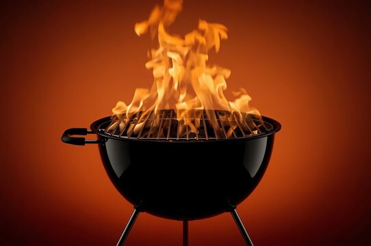 A black charcoal grill with a round shape is set against a warm orange background, with bright flames rising above the grate.
