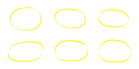 Set of drawn yellow marker round frames on white background. Hand drawn marker stroke style doodle yellow circle frame, brushstroke oval shape for highlighting, underlining, yellow circle Best Design.