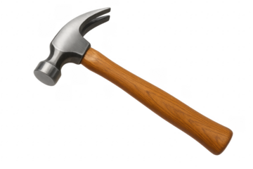 Metal claw hammer with wooden handle on transparent background