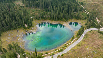 Lake Carezza from bird flight