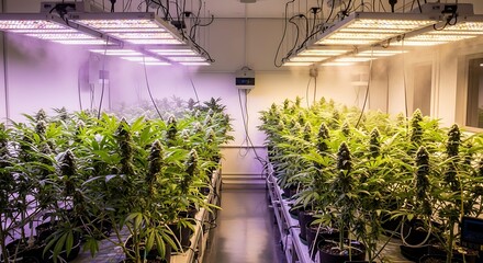 Indoor cannabis cultivation facility with rows of mature marijuana plants under artificial grow lights.
