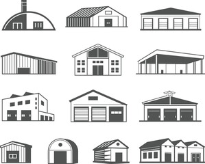 Industrial warehouse, factory building, barn, garage, storage shed, workshop, hangar, commercial structure, architecture design, construction concept, cad drawing flat vector illustration