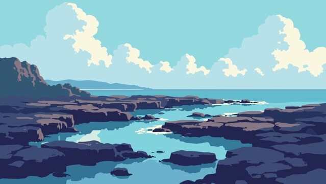 Coastal basalt plateau pocked by hexagonal columns and tide-sculpted pools reflecting cloudscape, no people