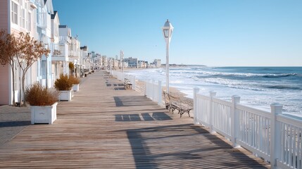 Seaside Boardwalk Perspective View with Ocean Waves and White Railings Under Bright Blue Sky