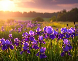 Purple Irises Field at Sunset