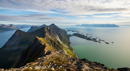 Majestic mountain range overlooking the serene ocean waters.