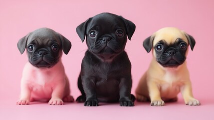Fototapeta premium Three Adorable Pug Puppies Sitting Together on a Pink Background