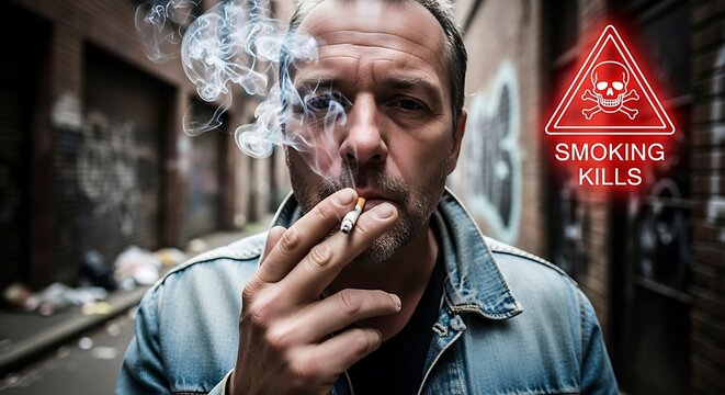 Man Smoking Cigarette in Urban Alleyway Warning Sign Smoking Kills.