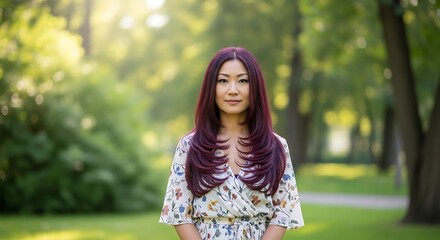 Naklejka premium A portrait of an Asian woman with long, dyed purple hair standing in a sunlit green park.