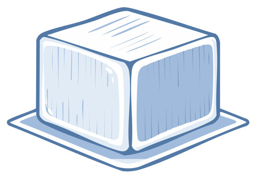 A single melting blue ice cube illustration in a simple hand drawn cartoon style