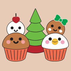 Festive cupcakes and a christmas tree create a sweet holiday scene