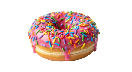 A delightful donut with pink frosting and colorful sprinkles isolated on transparent background, a sweet treat for any occasion, perfect for dessert