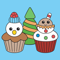 Festive cupcakes and christmas tree create a sweet holiday scene on blue