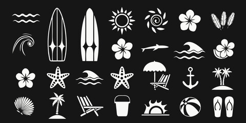 Collection of white summer beach and tropical vacation icons on a black background