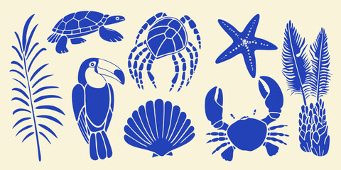 Collection of blue marine life and tropical bird illustrations on a cream background