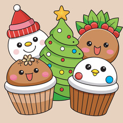 Festive christmas cupcakes with cute faces and holiday decorations on beige background