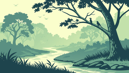 Stylized illustration of a serene forest landscape with a winding river, lush trees, and two birds perched on a branch, rendered in shades of green and yellow.