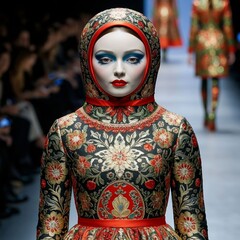 Fototapeta premium Model wearing traditional floral dress and headscarf on runway 