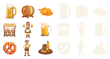 Oktoberfest set vector illustration collection of beer mugs, barrel, pretzel, roasted chicken, traditional costumes and festival symbols isolated on white background