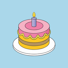 Isometric birthday cake with a candle on a light blue background