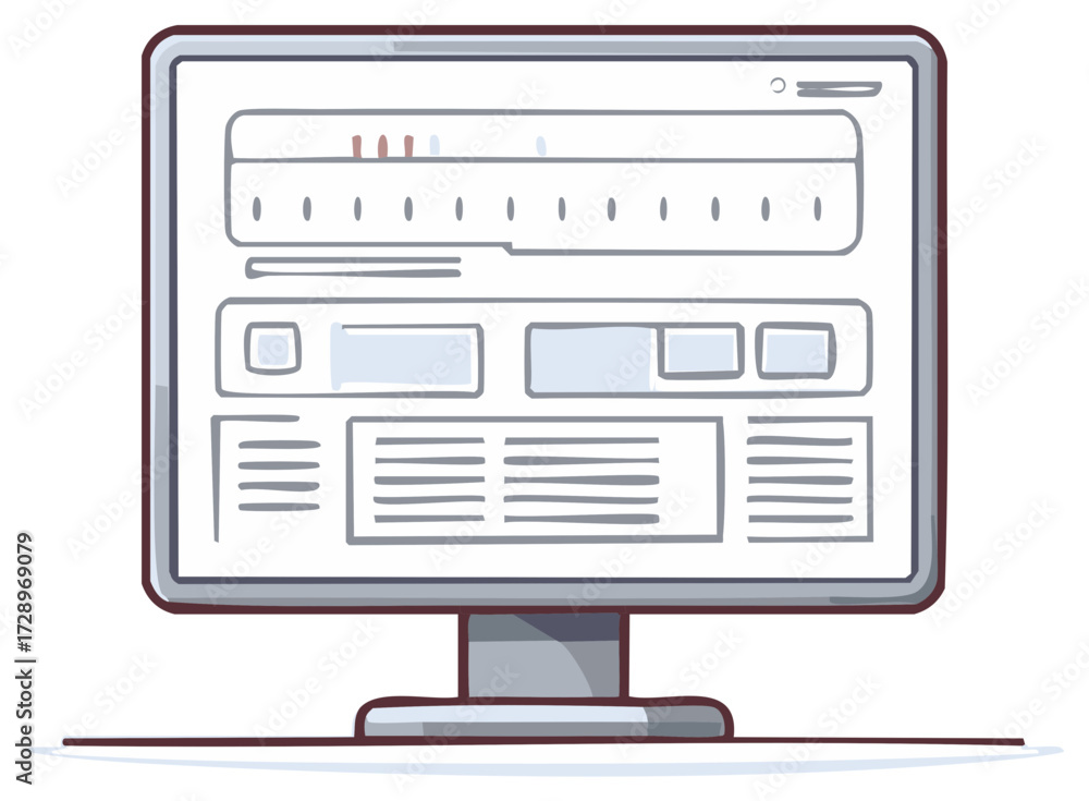 Wall mural illustrated desktop computer monitor showing a website ui ux wireframe design sketch