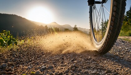 a close up of a bicycle tire kicking up dust on a gravel path