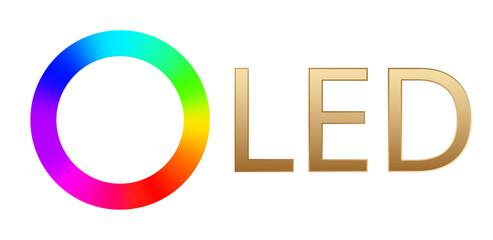 Vibrant circular spectrum next to gold oled lettering on white background.