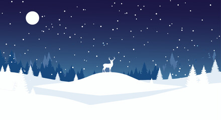 Naklejka premium Minimalist winter night scene with a deer on a snowy hill, providing a tranquil background with ample copy space