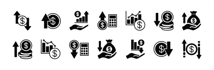 Profit and loss icon set. Contains financial growth and reduce statistical data graph, money, currency, sale, earnings, economy, exchange, trade. Increase and decrease arrow. Vector illustration