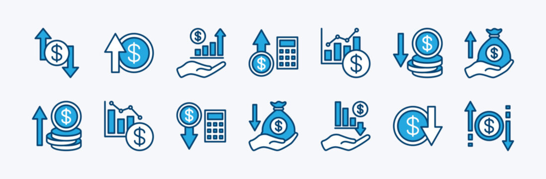 Set of profit and loss icon. Contains Increase and decrease arrow. financial growth and reduce statistical data graph, money, currency, sale, earnings, economy, exchange, trade. Vector illustration