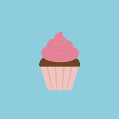 Delicious cupcake with pink frosting on a light blue background illustration