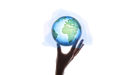 illustration of a human hand silhouette holding a glowing crystal Earth with a soft ozone protective ring around it. Clean white background 