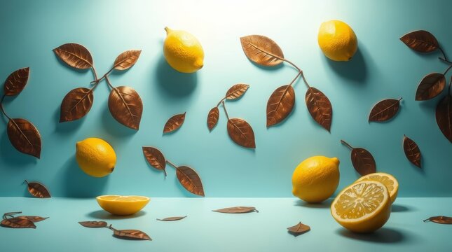 Leamons and leafes on blue background