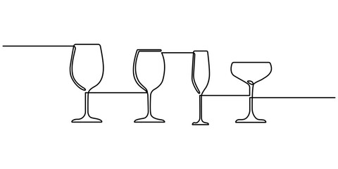 Wineglass or Champagne Glasses Line Icon Set. A set of wine glass one continuous line art. Celebration and Holidays Line Icon Set Vector Design on White Background. Vector illustration