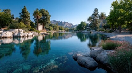 Serene Lake Reflections with Lush Trees and Distant Buildings Under Blue Sky