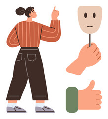 Person raises finger in thought or focus, mask symbolizes emotion or persona, thumbs-up shows approval. Ideal for communication, psychology, positivity, affirmation, emotion, identity mental health