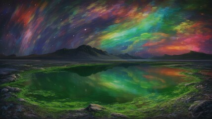 Aurora Over Green Lake Landscape With Mountain Silhouettes And Vibrant Colored Sky Reflections
