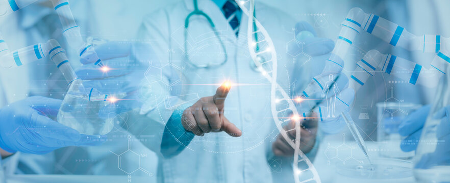 Doctor using digital interface with DNA structure and laboratory research symbol representing biotechnology genetics medical science healthcare innovation diagnosis and modern treatment