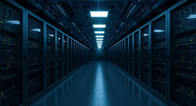 Advanced digital infrastructure inside a secure data center, showcasing rows of servers for cloud storage and networking