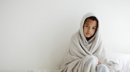 Sad black american child 6 years old wrapped in blanket sitting on bed