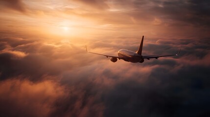 An airplane soars through a sea of clouds during a dramatic golden sunset creating a stunning aerial spectacle