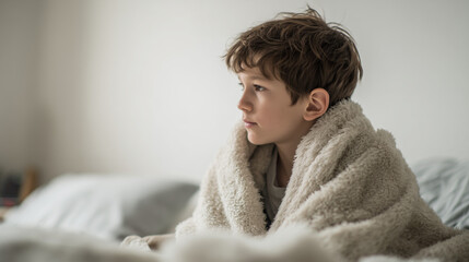 Sad british american Male child 6 years old wrapped in blanket sitting on bed