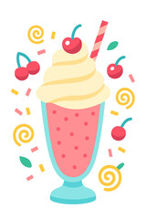 A vibrant, glowing retro milkshake illustration. It features a sweet pink beverage with charming polka dots, lavishly topped with fluffy whipped cream, a bright red cherry, and a cute striped straw