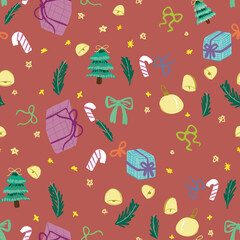 Festive Holiday Elements Pattern on Red