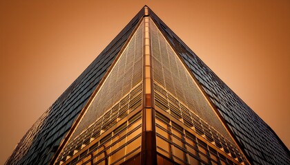 triangular business hub building with textured glass fa section ade displayed on matte ochre background strong visual perspective