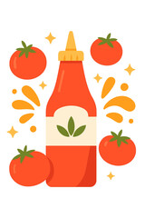 Vibrant glowing illustration of a classic red tomato ketchup bottle with a fresh green leaf logo, surrounded by ripe tomatoes and sparkling splashes on a warm, inviting background, ideal for food a